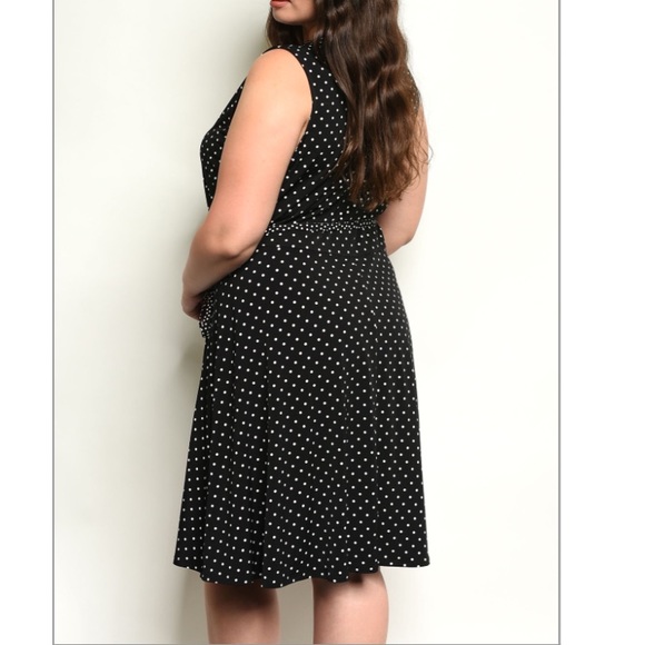 Plus Size Polka Dot Belted Fit & Flare Dress Black - Picture 2 of 7